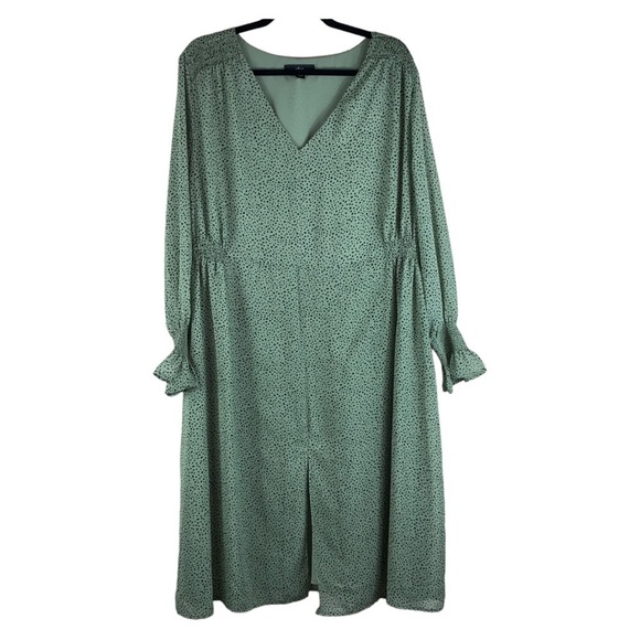 Ellos Plus Size Midi length long sleeve sage green w/black‎ dots print dress - Picture 1 of 9